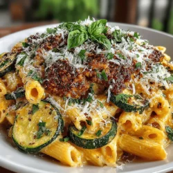 To start your Creamy Zucchini Alfredo Penne, bring a large pot of water to a rolling boil. The water should be well-salted; a good rule of thumb is about 1 tablespoon of salt for every 4-6 quarts of water. This not only flavors the pasta but also helps it maintain its structure. Once the water is boiling, add the penne pasta and cook according to the package instructions until it reaches an al dente texture, which typically means it should be firm to the bite.