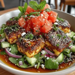 In the realm of healthy eating, salads often take center stage, offering vibrant flavors and refreshing textures that are both satisfying and nourishing. Today, we’re exploring a delightful recipe that combines the sweetness of watermelon with the heartiness of tofu, creating a Refreshing Watermelon & Tofu Salad Bowl. This dish is not only visually appealing but also packed with nutrients, making it a perfect choice for summer picnics, light lunches, or as a side dish for dinner. With its unique combination of ingredients, this salad stands out as a contemporary twist on traditional salad fare, catering to both health-conscious eaters and those seeking innovative flavor combinations.