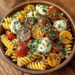 At the heart of this Sun-kissed Caprese Pasta Salad is tri-color rotini pasta. This pasta variety, with its spiraled shape and vibrant hues of green, white, and red, not only adds visual appeal but also enhances the overall texture of the salad. The twists and turns of rotini provide ample surfaces for the dressing to cling to, ensuring that every bite is packed with flavor. When choosing pasta, opting for whole grain or enriched varieties can elevate the dish nutritionally, providing essential nutrients and fiber that contribute to a balanced meal.