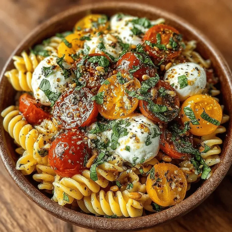 At the heart of this Sun-kissed Caprese Pasta Salad is tri-color rotini pasta. This pasta variety, with its spiraled shape and vibrant hues of green, white, and red, not only adds visual appeal but also enhances the overall texture of the salad. The twists and turns of rotini provide ample surfaces for the dressing to cling to, ensuring that every bite is packed with flavor. When choosing pasta, opting for whole grain or enriched varieties can elevate the dish nutritionally, providing essential nutrients and fiber that contribute to a balanced meal.